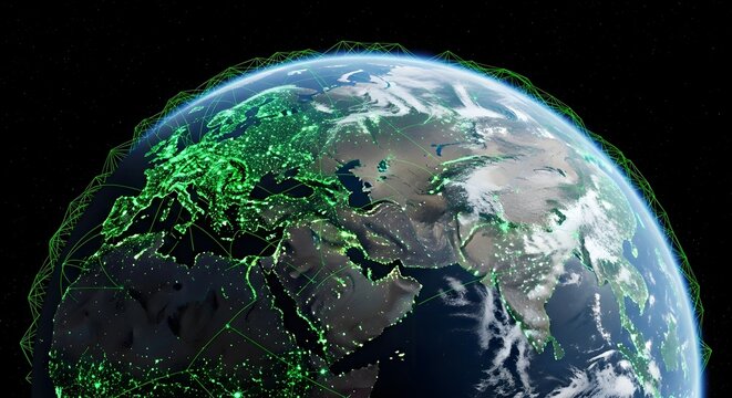 A glowing earth with green network lines connecting continents in a dark space environment view