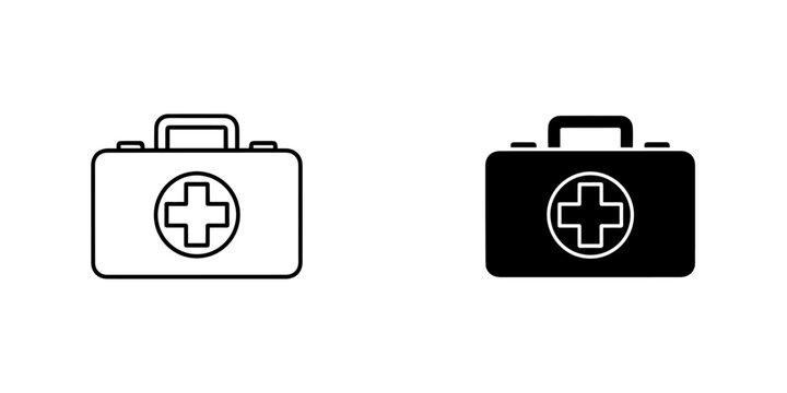 Illustration of a first aid kit with a cross symbol, in black and white isolated on
