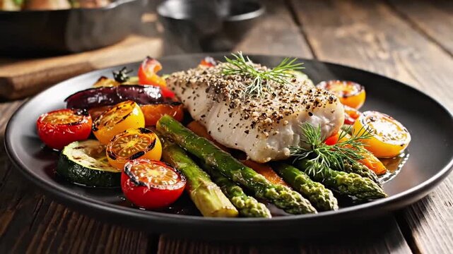 Pepper Crusted White Fish Fillet with Grilled Asparagus and Roasted Tomatoes