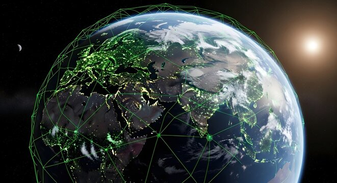 Earth with green network overlay and moon in space with sun on the right side of the image view - Powered by Adobe