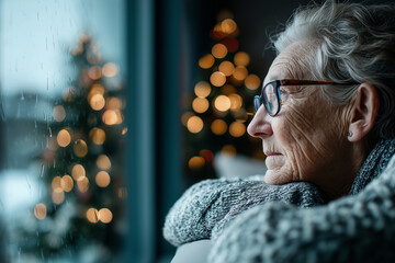 elderly woman sitting alone in her living room, looking out the window at the christmas tree and lights outside, feeling lonely during the holiday season. copy space. high-quality,