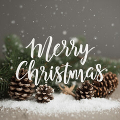 Merry Christmas Hand Lettering with Pine Cones and Snow - Rustic Winter Holiday Greeting Card Background