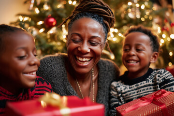 clouse up a heartwarming scene of an african american mother and her children sitting on the floor, surrounded by christmas presents in red gift boxes with gold accents. they're la