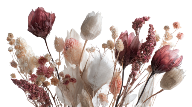  Bouquet of dried flowers arranged in natural earthy tones with delicate textures perfect for home decor and creative projects isolated on white background