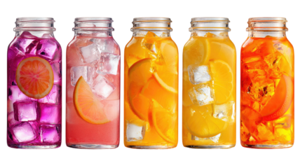  Bottles of pink and orange drinks with ice cubes creating refreshing and vibrant beverage presentation perfect for summer isolated on white background