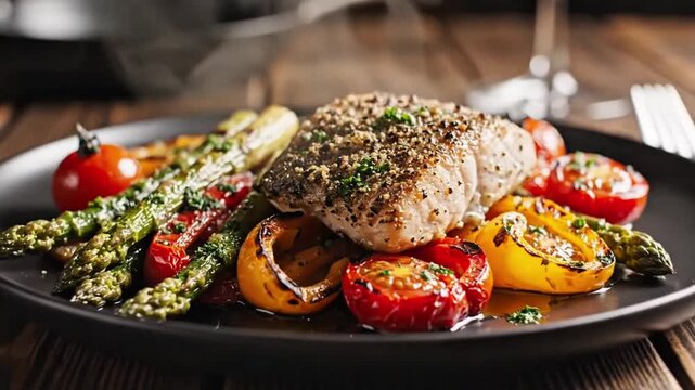 Pepper Crusted White Fish Fillet with Grilled Asparagus and Roasted Tomatoes