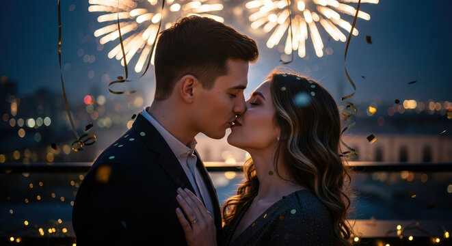 Enjoying New Year's Eve with a kiss while watching fireworks, couple sharing affection during New Year's Eve celebration. New Year's Eve provides perfect setting for festive romance.