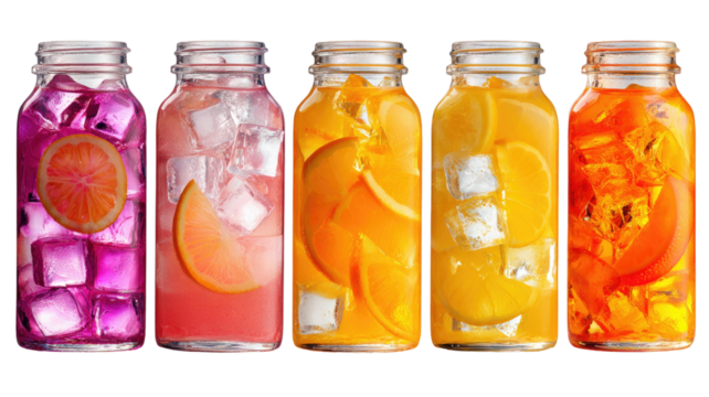  Bottles of pink and orange drinks with ice cubes creating refreshing and vibrant beverage presentation perfect for summer isolated on white background