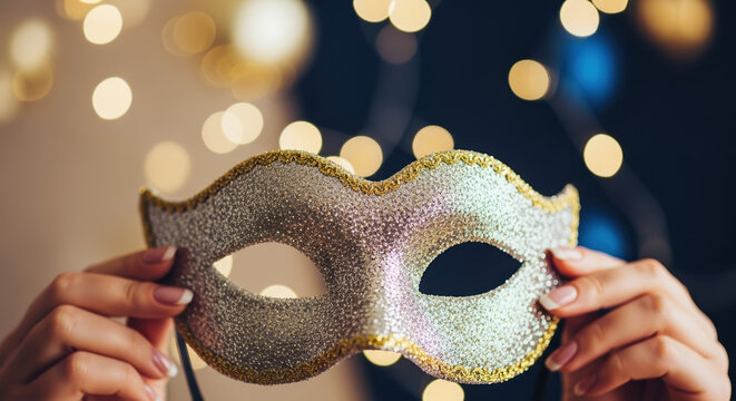 Hands holding New Year's Eve mask with festive lights, a glamorous celebration. New Year's Eve is around corner, with party mask, glitter, and shimmer for evening of fun.