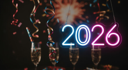 Celebrating New Year's Eve, capture festive mood with neon sign "2026" and champagne flutes filled with golden liquid. The New Year's Eve celebration includes colorful streamers and confetti,