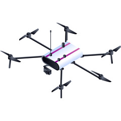 Modern white drone with six rotors and camera on a transparent background featuring purple stripes and a clean futuristic design perfect for technology and innovation concepts