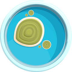 Mold Fungus Colonies Icon Set In Petri Dishes With Blue Liquid And Green Growth On Transparent...