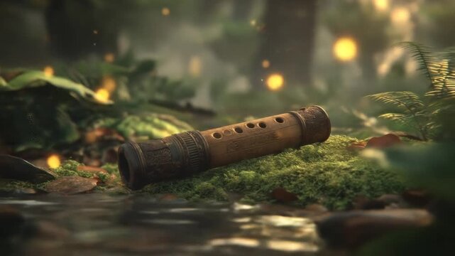 A weathered wooden flute lies on mossy ground near water with a bokeh forest background