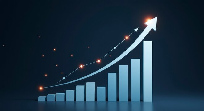 A rising bar graph with a glowing arrow pointing upwards