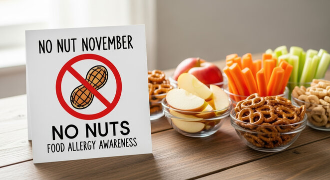No nut November concept with snacks and warning sign. Snacks include healthy carrots, celery, apples and pretzels to support No nut November. The No nut November is about dietary restrictions,