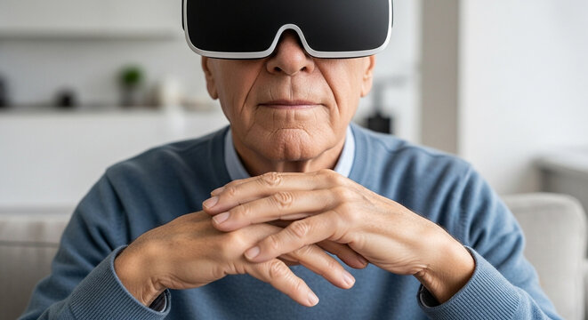 An elderly man wearing modern virtual reality glasses - Powered by Adobe