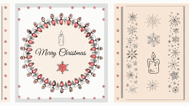 Merry christmas card with a wreath of berries and leaves and snowflakes and candles on a beige background
