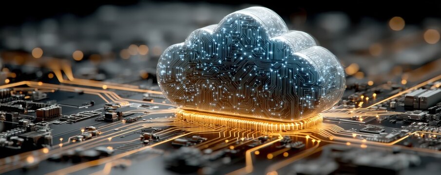 Cloud computing concept on a circuit board with glowing digital circuitry and futuristic technology design