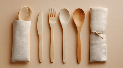 Naklejka premium Eco cutlery in fabric roll-up wrap on clean beige backdrop