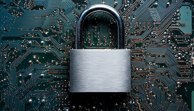 Safeguarding your digital world a locked padlock protecting circuit board data Cyber security solutions for business and personal digital protection