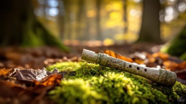 A weathered wooden flute rests on a bed of green moss and fallen leaves in a forest