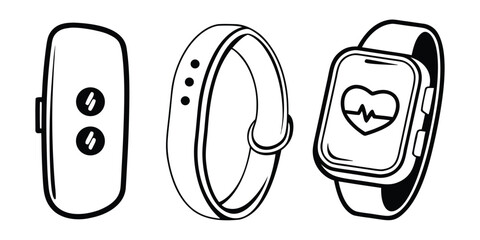 Three different fitness trackers are shown in a line, one with a heart rate display.
