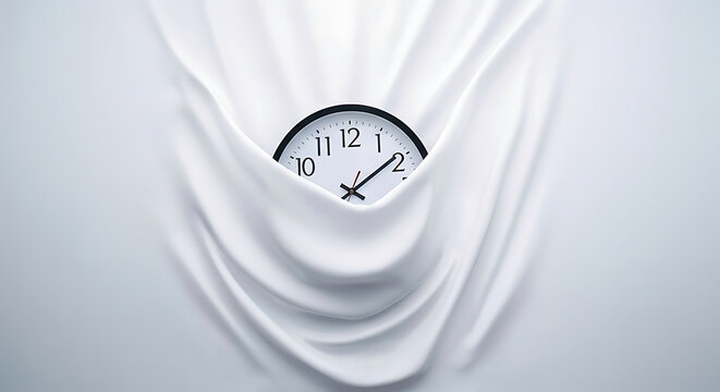 Elegant clock face emerges from flowing white silk fabric, creating a sense of timelessness and modern design for creative projects and time concepts