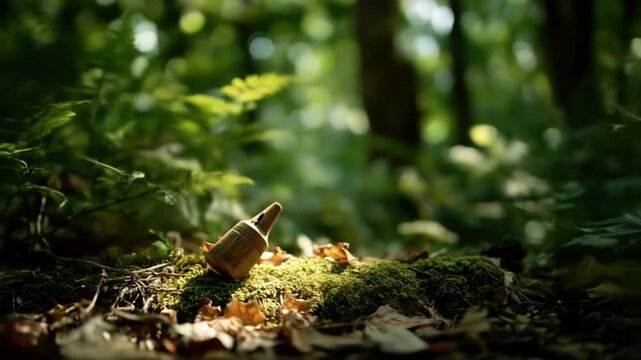 A wooden object rests on moss in a forest. Green leaves fill the blurred background