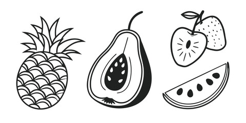 A collection of diverse fruits including pineapple, papaya, apple, and watermelon slices.