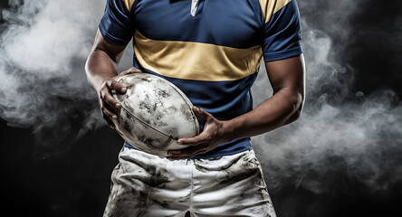 Rugby player with determined look holds mud-stained ball, ready for action, conveying strength and intensity, perfect for sports marketing campaigns