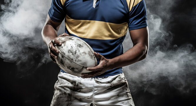 Rugby player with determined look holds mud-stained ball, ready for action, conveying strength and intensity, perfect for sports marketing campaigns