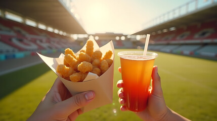 French Fries and Drink Set under Stadium Sunlight
