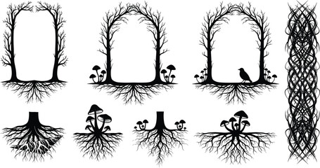 Spooky black tree silhouette frames with roots and mushrooms, gothic Halloween border set, isolated vector illustration design elements for scary art. © MdMojibar