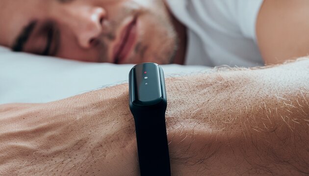 Man monitors sleep with wearable technology tracker for wellness and health insights, achieving restful sleep and improved daily energy levels
