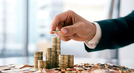 Professional investor building wealth with strategic coin stacking, securing financial future with savings and investment growth in modern finance