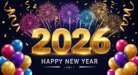 Happy new year 2026 greeting card with golden text, fireworks and balloons