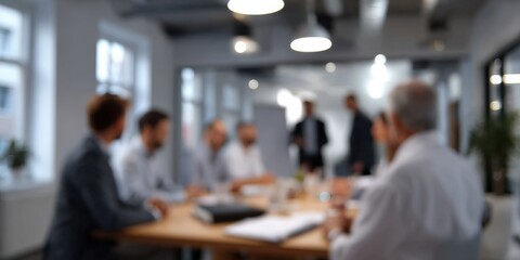 Business meeting teamwork collaboration corporate meeting blurred office participants around table discussing strategy and presenting ideas in modern conference room