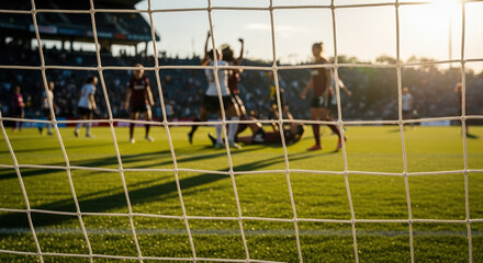 Depicting intense NWSL playoff race action on sunny day, with players challenging near goal. This NWSL playoff race showcases athletic competition and teamwork, vital for winning soccer match.