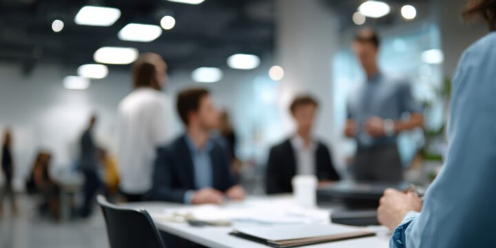 Blurred business meeting office team meeting coworkers corporate workspace brainstorming documents on table modern office collaboration project discussion