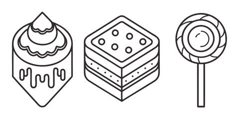 Three isometric line art drawings of a cupcake, a biscuit sandwich, and a lollipop.
