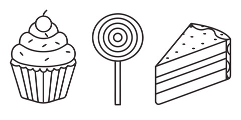 A cupcake, a lollipop, and a slice of cake are shown in a line drawing.