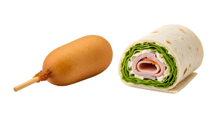A corn dog and a ham and lettuce wrap isolated on transparent background