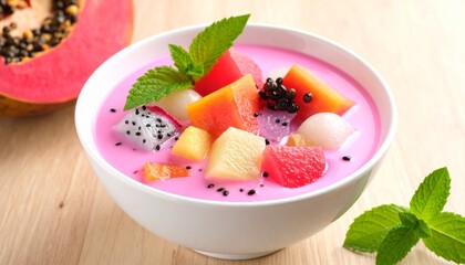 Colorful Indonesian fruit dessert with pink milk and tropical fruits in a bowl