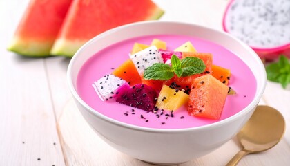 Colorful Indonesian fruit dessert with pink milk and tropical fruits in a bowl