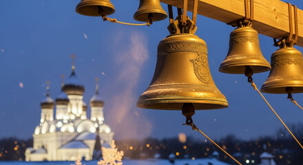 Fototapeta premium Orthodox Christmas bells ringing over snow covered landscape, Orthodox Christmas tradition. Ringing Orthodox Christmas bells bring joy and hope to all during this special holiday season.