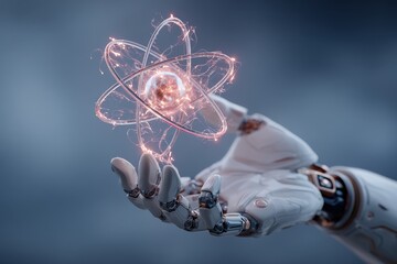 Robotic hand holding glowing atomic model in futuristic science scene