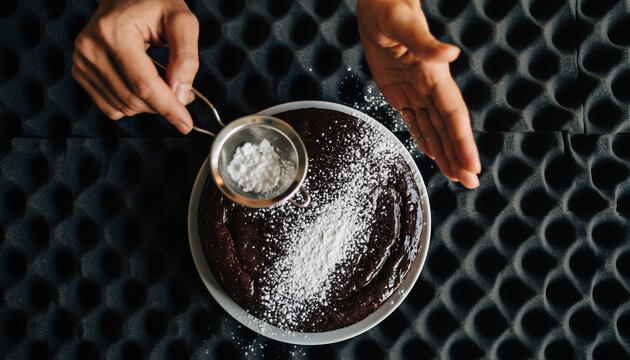 Delicate dusting of powdered sugar on rich chocolate cake, baking homemade treats with love, a perfect dessert for celebrations and sweet indulgence