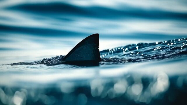 Dramatic Dark Grey Shark Fin Cutting Through Deep Blue Ocean Waves