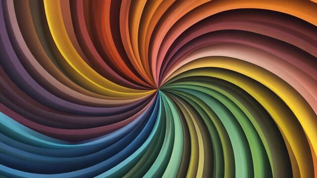 Abstract multicolored spiraling pattern with curved lines creates a mesmerizing, optical illusion backdrop animation.