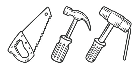 A hand saw, claw hammer, and rubber mallet are shown in this illustration.
